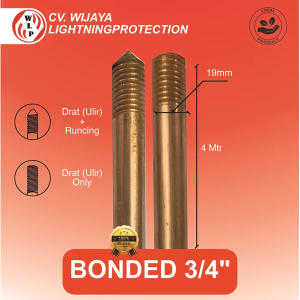 Batang Grounding Bonded 3/4 x 4 Meter Copper Bonded Rod batang pembumian berlapis tembaga  grounding rod bonded  rod bonded tembaga  batang grounding bonded