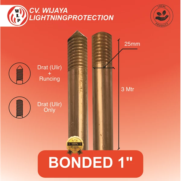 Batang Grounding Bonded 1 Inch x 3 Meter Copper Bonded Rod batang pembumian berlapis tembaga  grounding rod bonded  rod bonded tembaga  batang grounding bonded